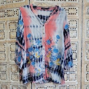 Floral And Bird Embroidered Boho Tie Dye Patchwork Button-Up Blouse 2X